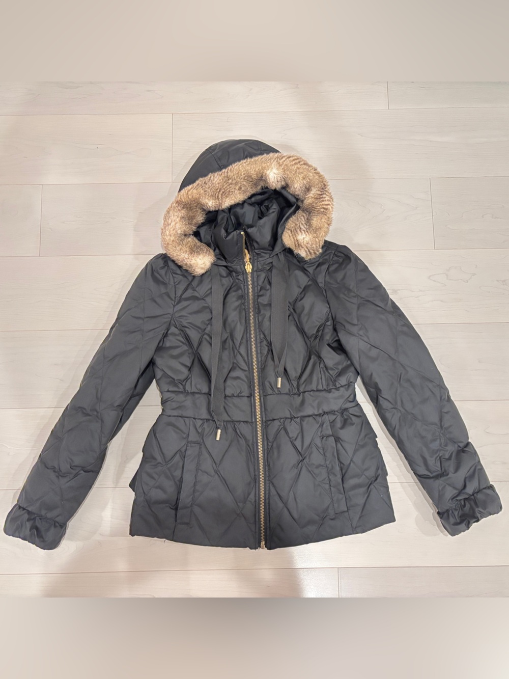 Juicy Couture Black Quilted Hooded Winter Jacket with Faux Fur Trim and Ruffles